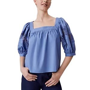 Ann Taylor 100% Cotton Eyelet Puff Sleeve Blue Blouse Top XXL